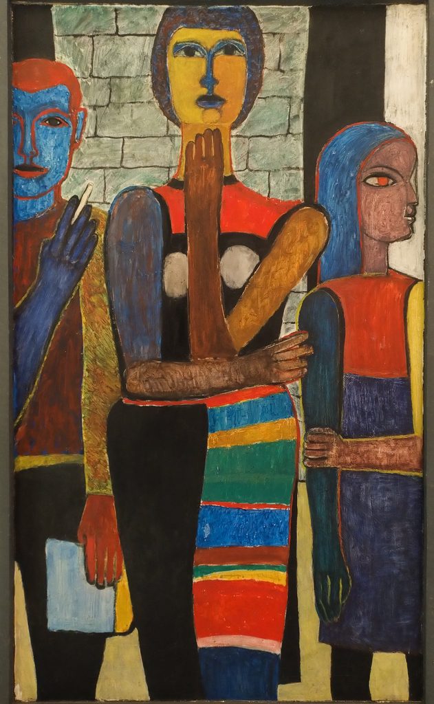 Ausstellungsbesucher, Gemälde, Öl auf Hartfaser