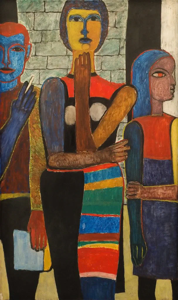 Ausstellungsbesucher, Gemälde, Öl auf Hartfaser