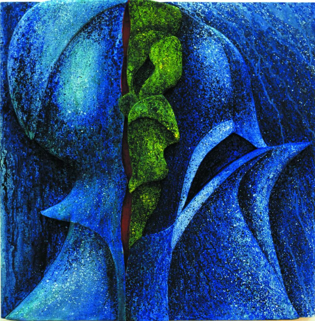 Blue Knight, Relief, Holz/Acrylfarbe