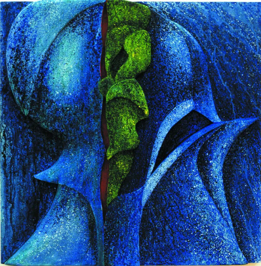 Blue Knight, Relief, Holz/Acrylfarbe