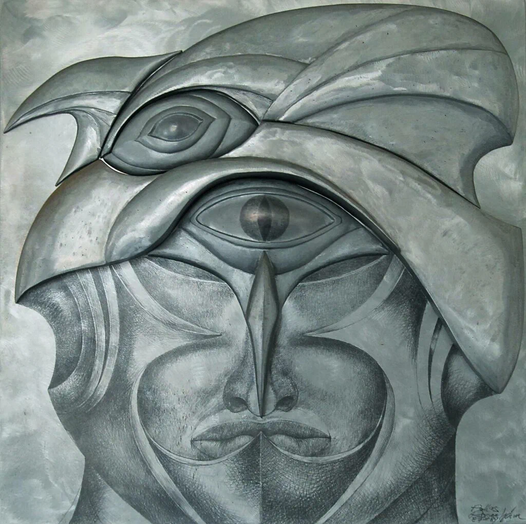 Einäugige Pallas, Frontalansicht, Relief, Aluminiumguss und Bleistift