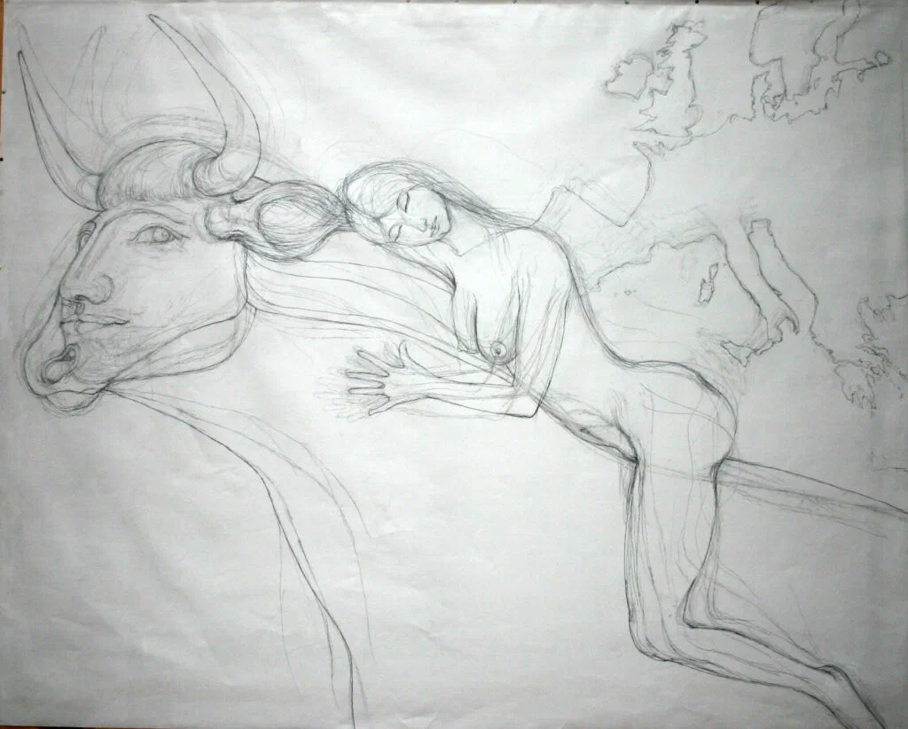 Europa, Vorzeichnung, Bleistift auf Papier