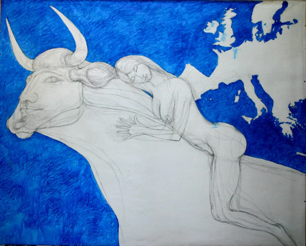 Europa, Zwischenzustand 1: blauer Hintergrund gemalt, Figuren noch als Bleistiftskizze