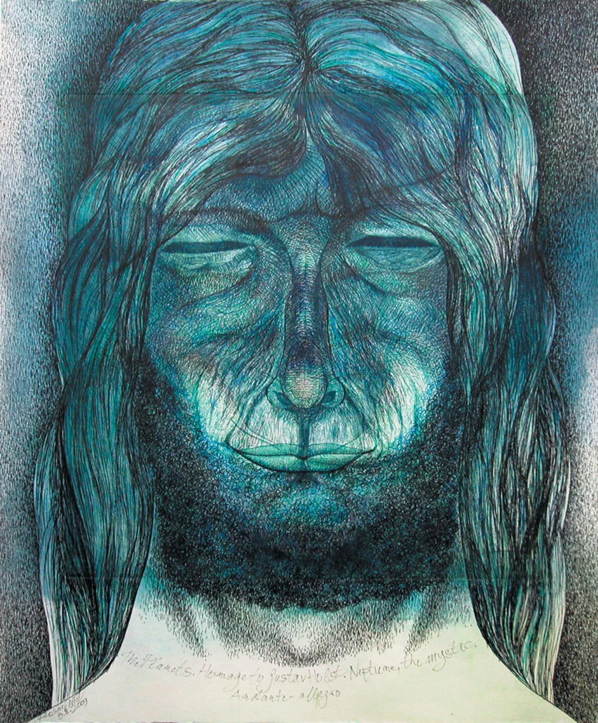 Neptune, the Mystic, Zeichnung, Tusche, Farbstifte und Aquarell über Radierung