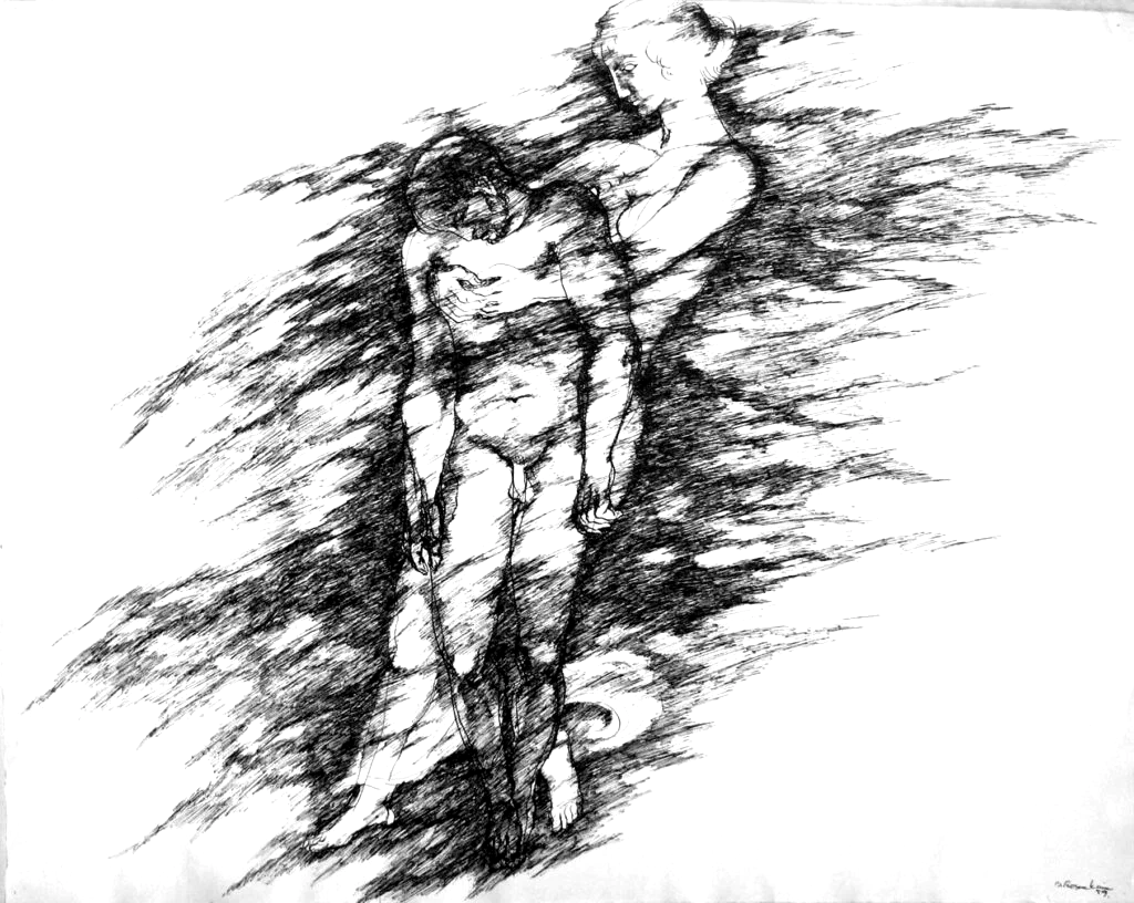 Aphrodite entrückt Aeneas, Zeichnung, Tusche auf Büttenpapier