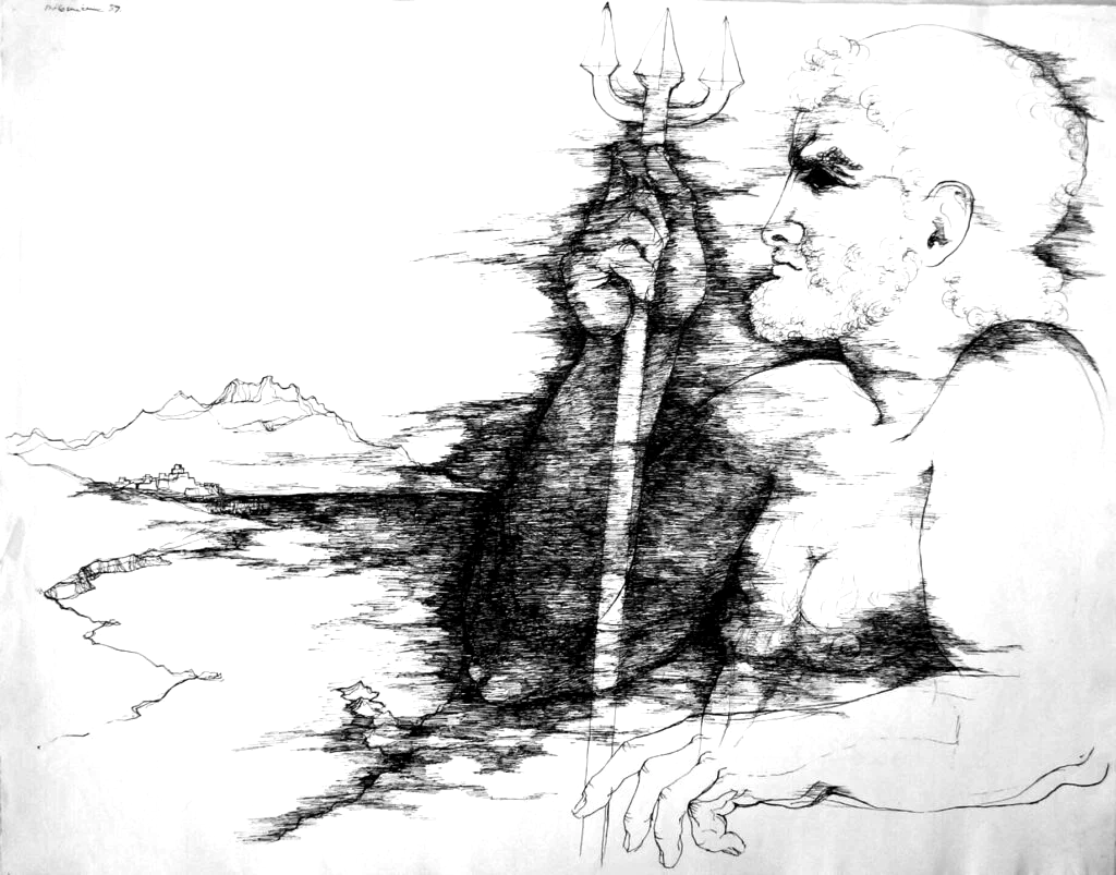 Poseidon blickt auf Troja, Zeichnung, Tusche auf Büttenpapier