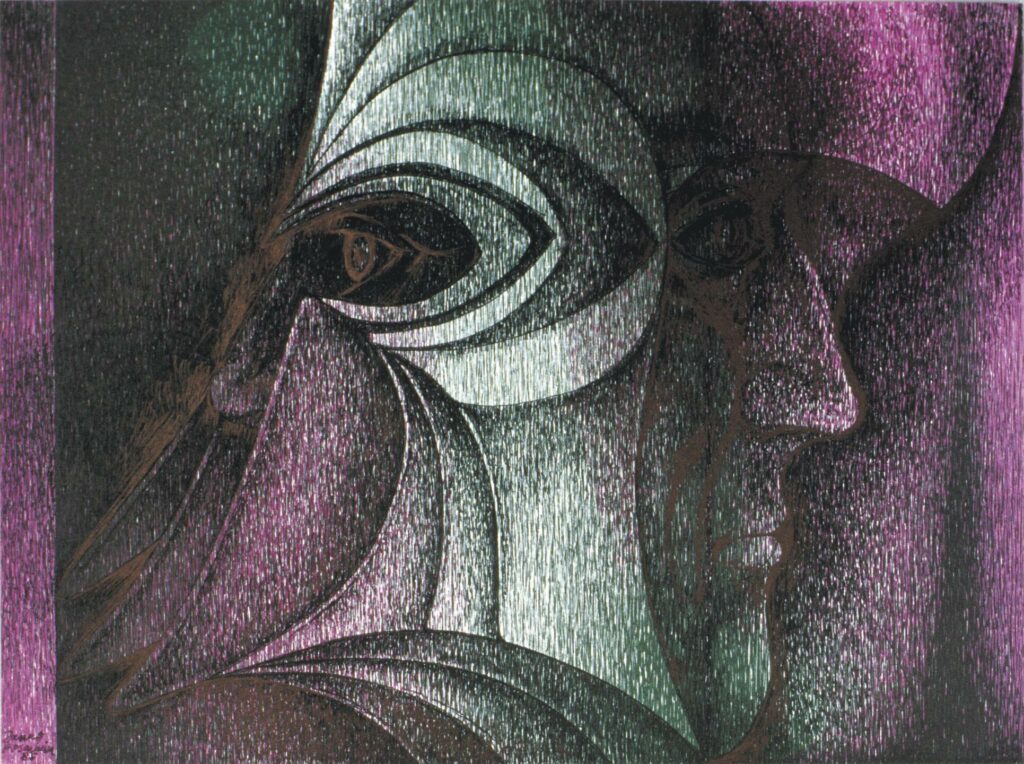 Janus, Zeichnung, Tusche über Lithographie