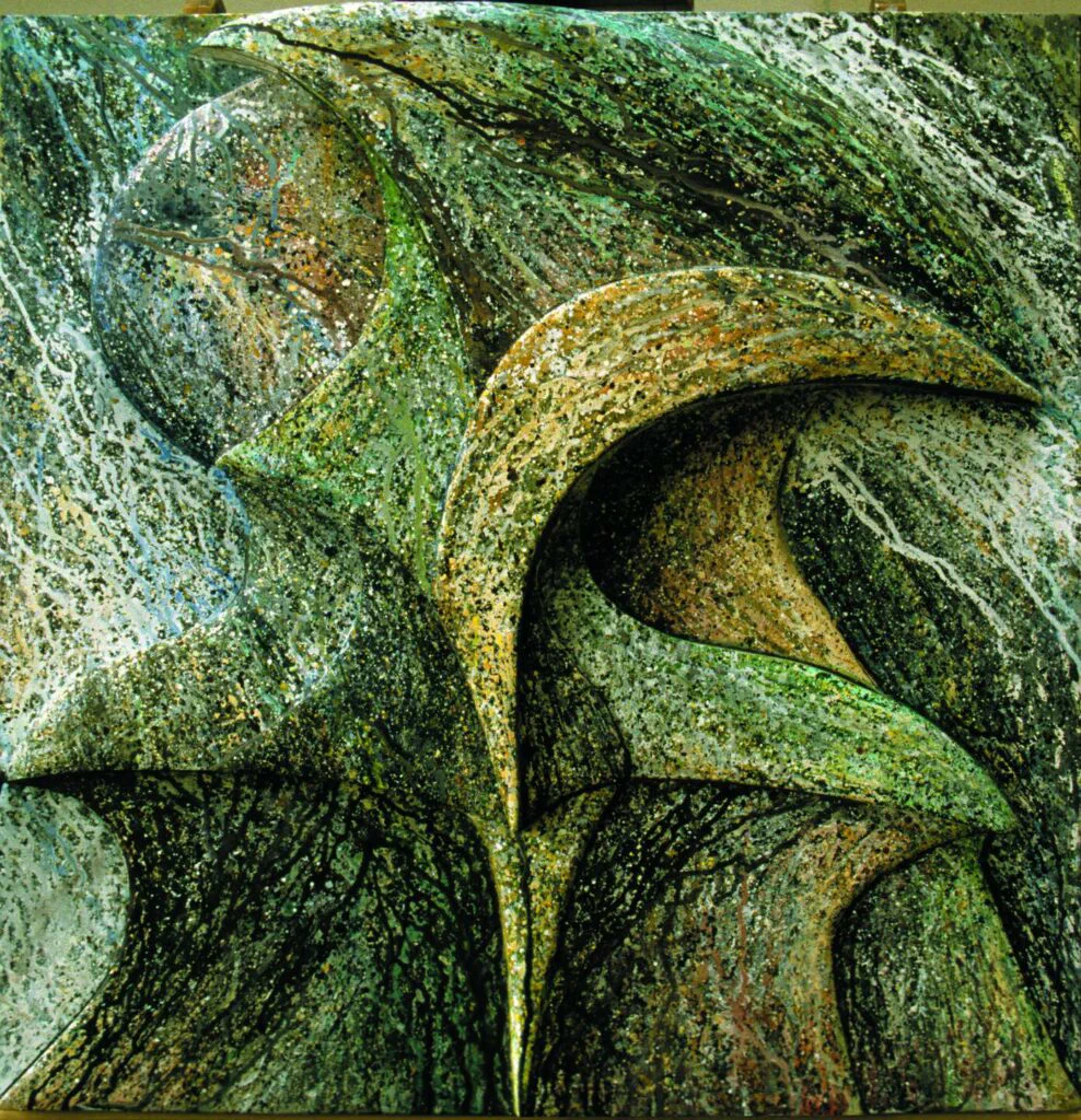 Kopflandschaft IV, Frontalansicht, Relief, Holz und Acrylfarbe (Fließtechnik)