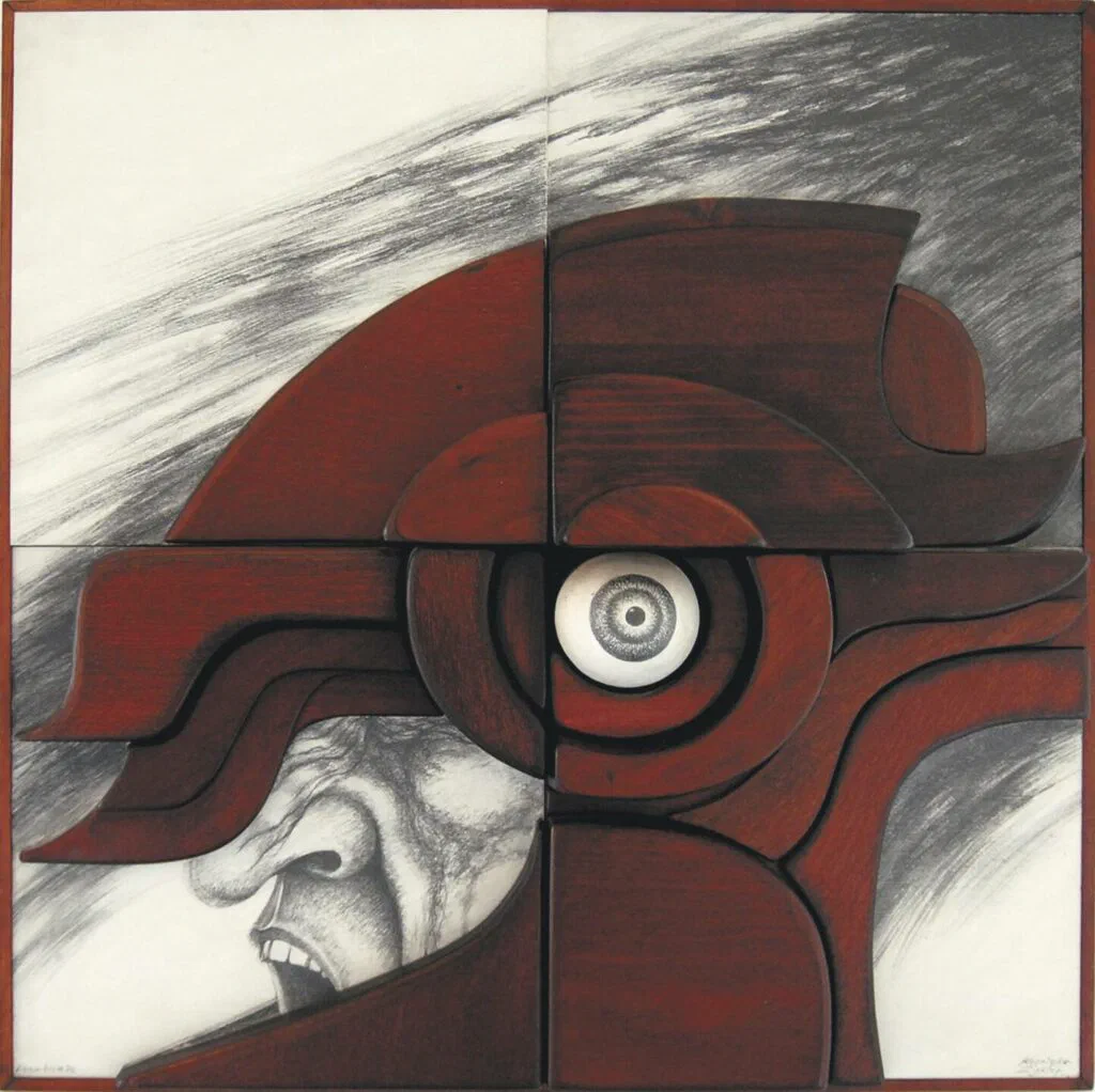 Kosmischer Zyklop, Relief, Holz und Bleistift