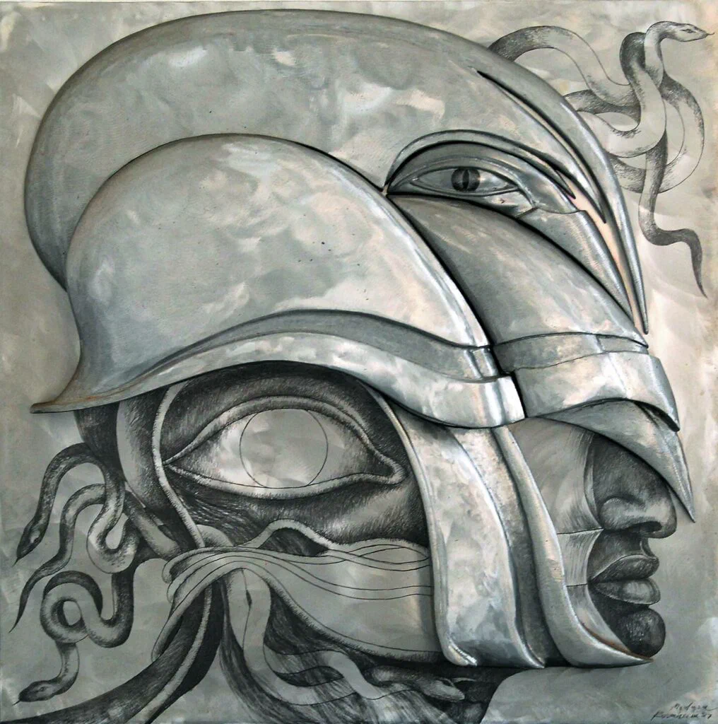 Medusa, Relief, Aluminiumguss und Bleistift