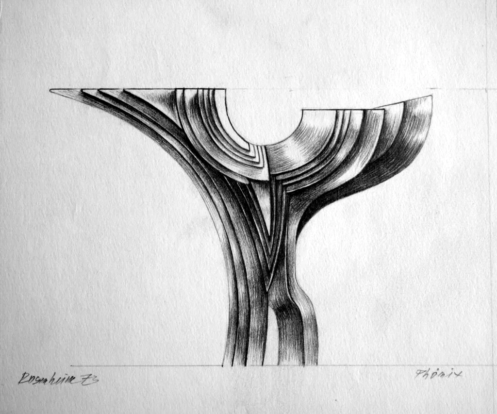 Phönix, Entwurfszeichnung (Frontalansicht), Bleistift auf Papier