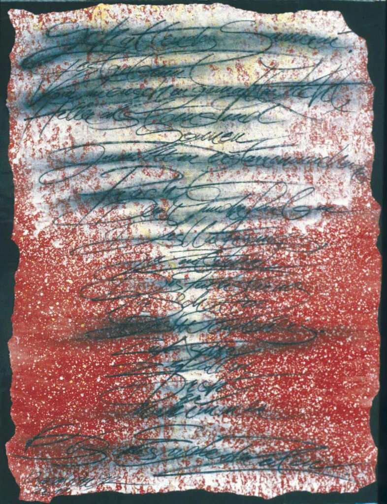 Schatten des Samurais, Grafik mit handschriftlichem Gedichttext auf rotem Grund, Acryl und Graphit auf Papier