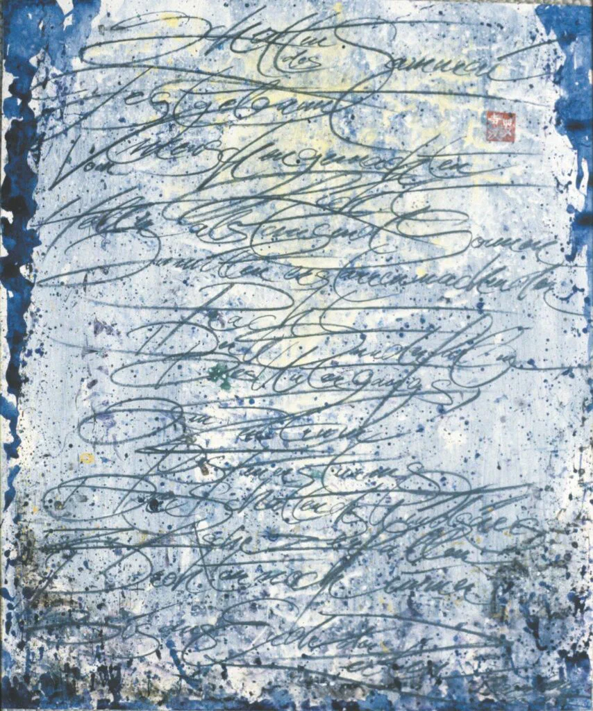 Schatten des Samurais, Grafik mit handschriftlichem Gedichttext auf blauem Grund, Acryl und Graphit auf Papier
