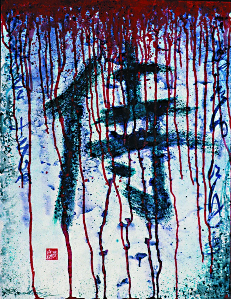 Schatten des Samurais, Grafik mit Figur und roten Farbverläufen, Acryl und Graphit auf Papier