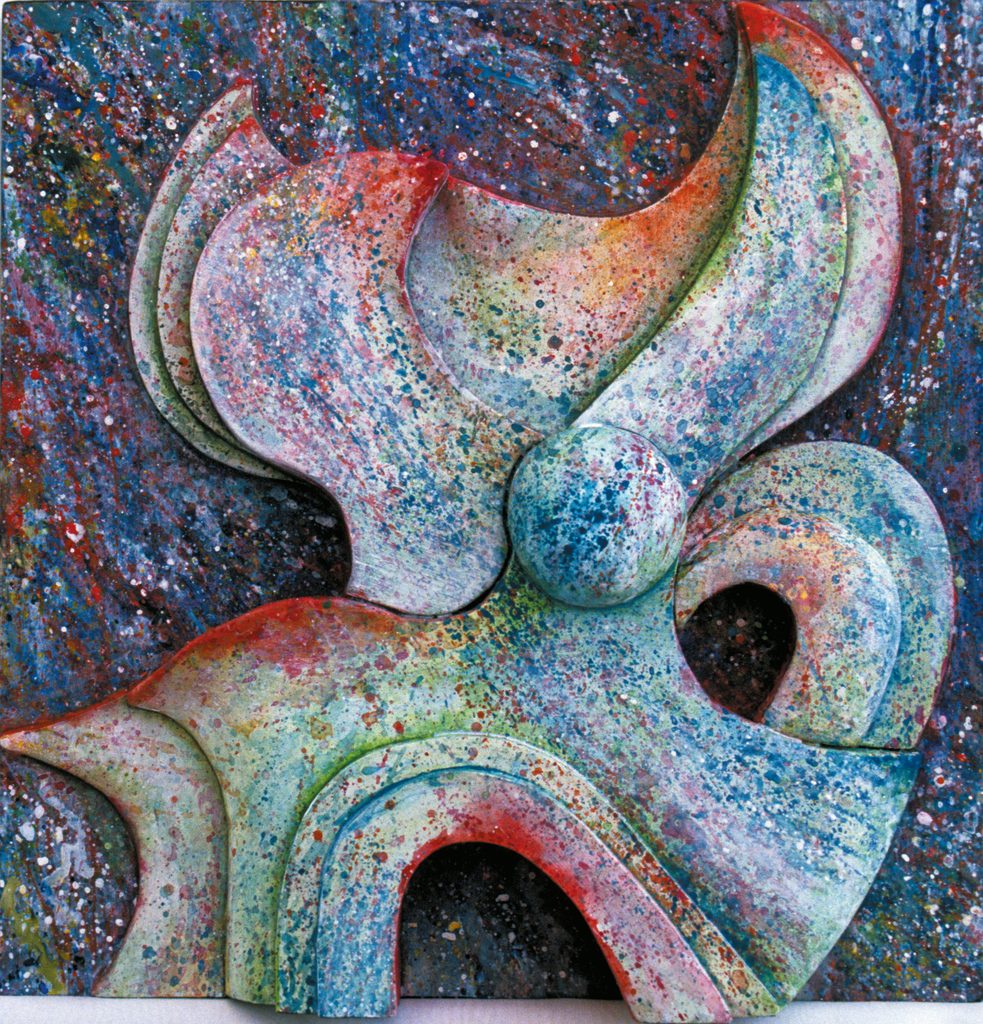 Shiva, Relief, Acryl auf Holz
