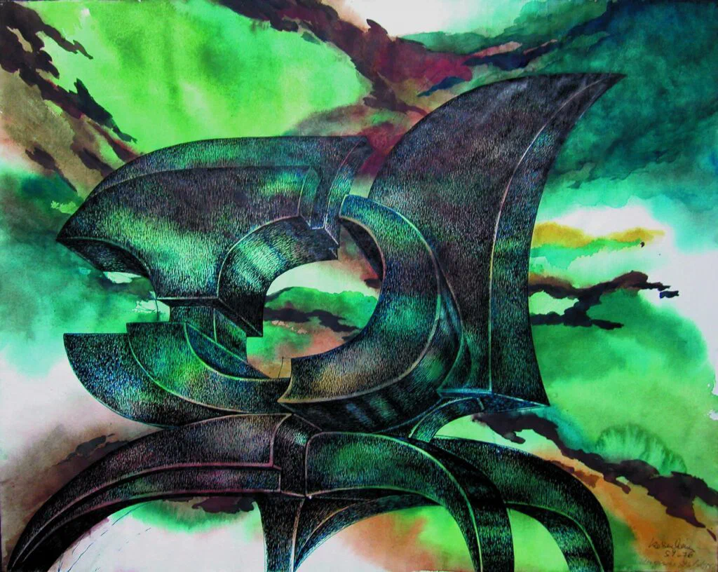 Utopische Skulptur, Zeichnung, Tusche über Aquarell