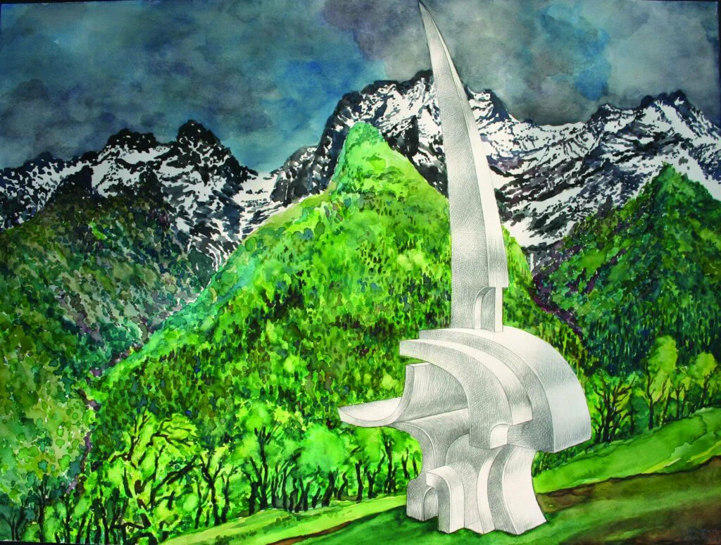 Einhorn, Bleistiftzeichnung über Aquarell