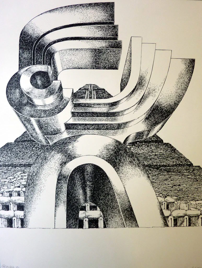 Quetzal vor der Sonnenpyramide von Teotihuacán, Druckgrafik